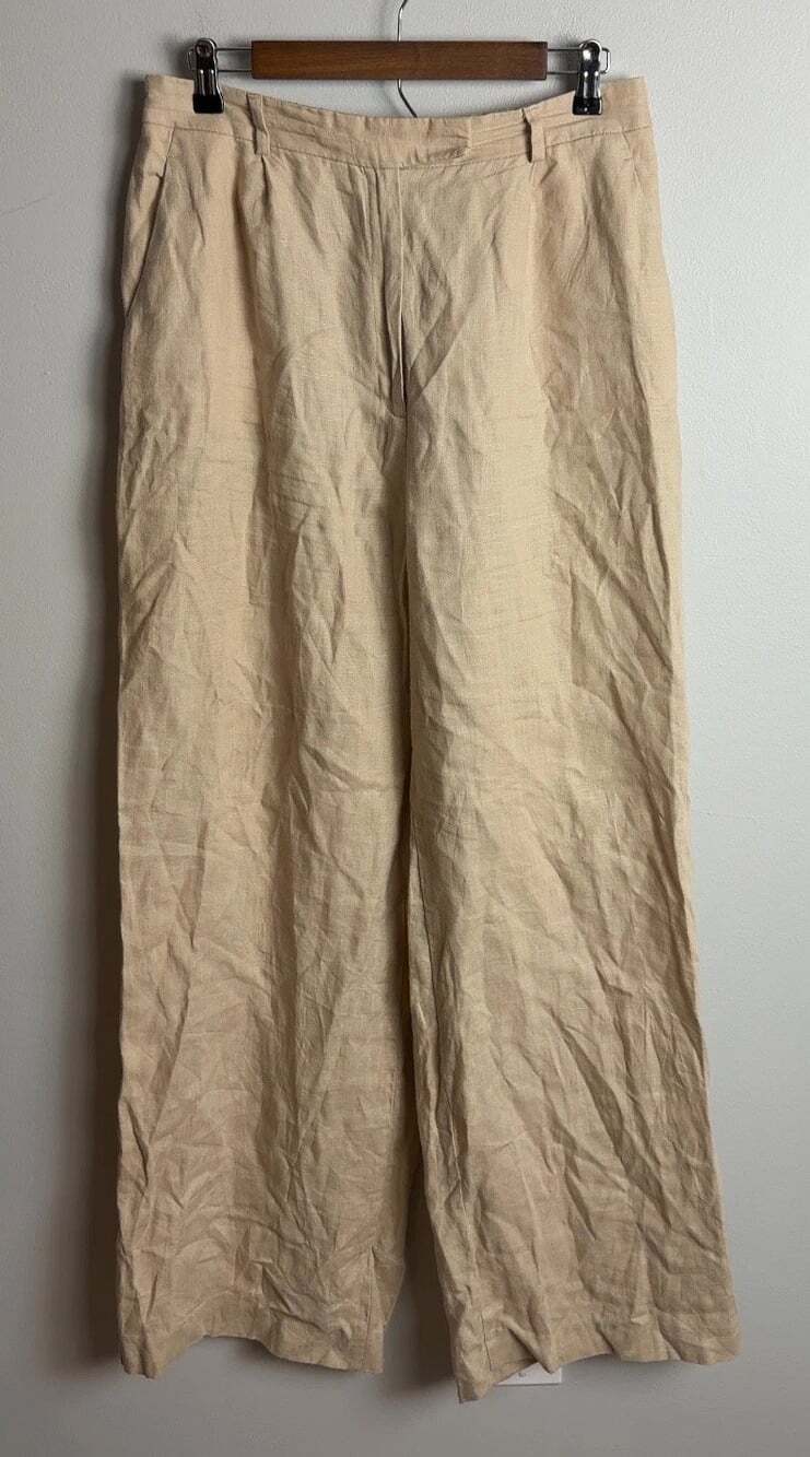 Zara Wide Leg Trousers Beige 100% Linen Size Large 3618/710 Women’s